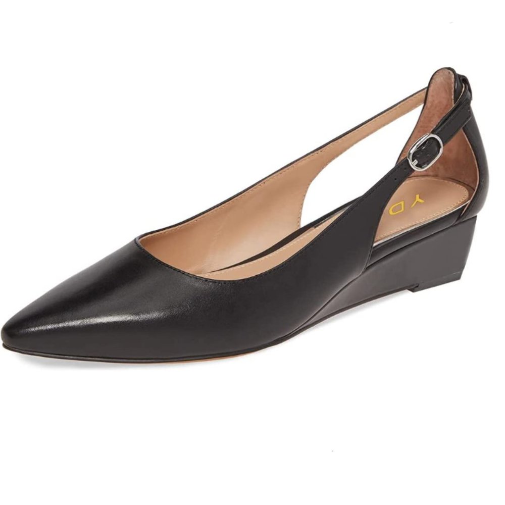 YDN Black Casual Wedge Low Heel Pointed Toe Buckle Pumps Work Shoes